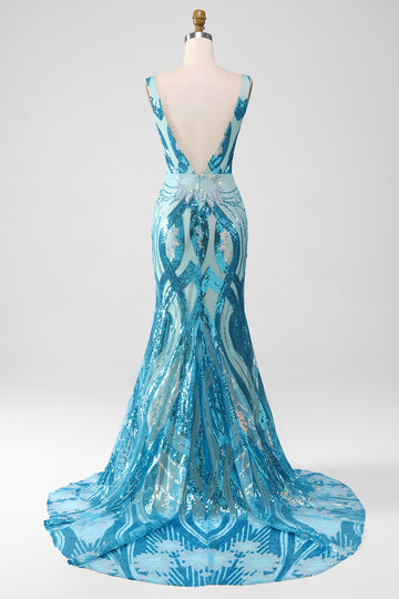 Vestido de fiesta sirena azul brillante con escote en V y lentejuelas